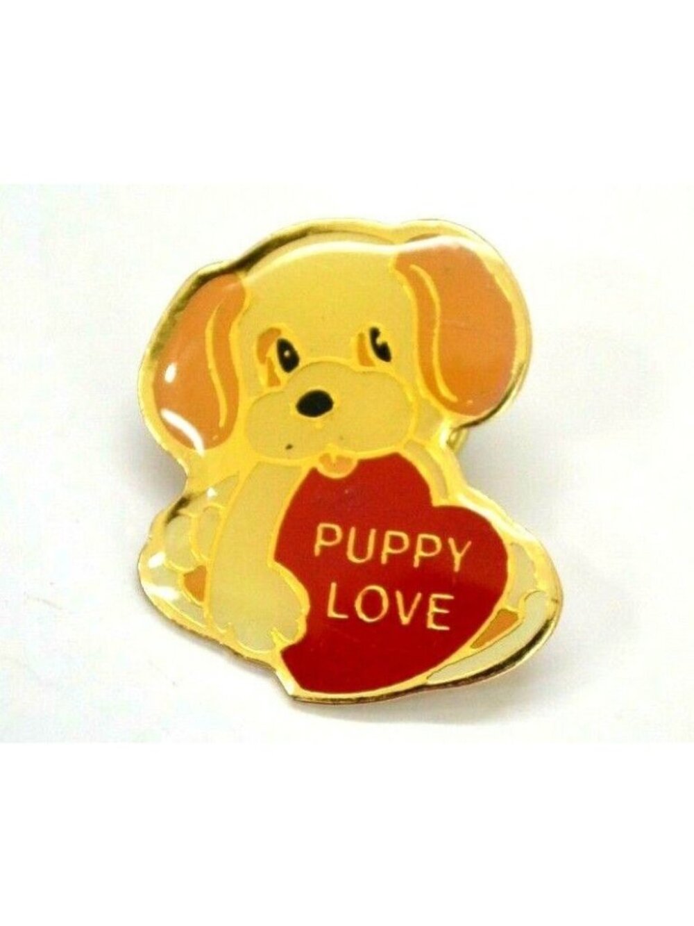 Puppy Love Pin Sweetheart Gift Gold Tone Enamel Heart Lapel Hat Bag Vintage